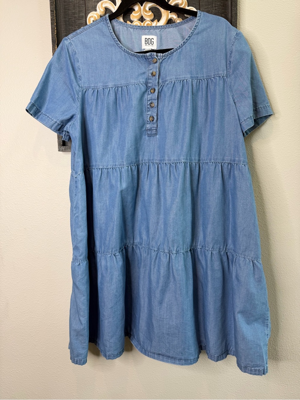 BDG Blue Chambray Tiered Short Sleeve Dress